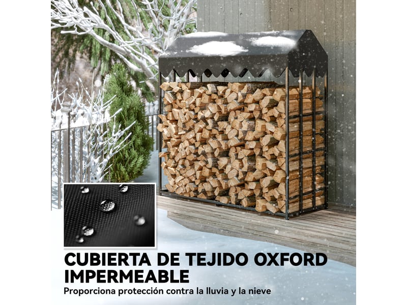 Porte-bûches extérieur avec toit imperméable, acier noir, capacité 300 kg, 186 x 70 x 185 cm - Conforama W