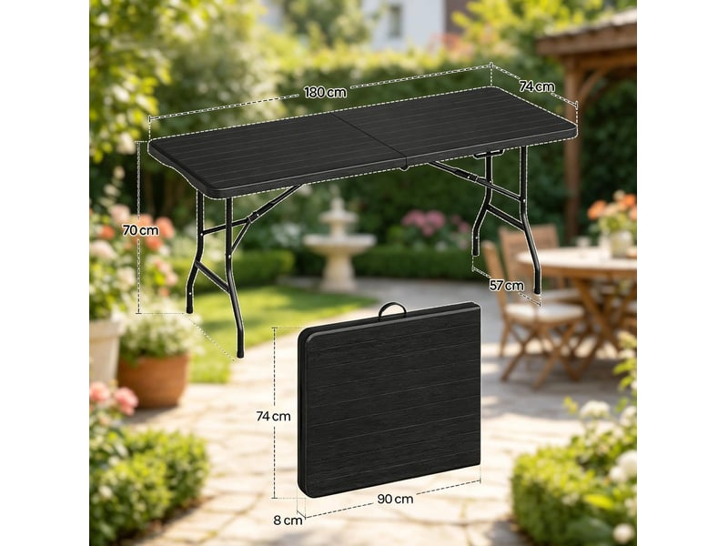  Table à manger extérieure pliante pour 8 personnes avec plateau effet bois et structure acier, noire, 180 × 74 × 70 cm  - Conforama E