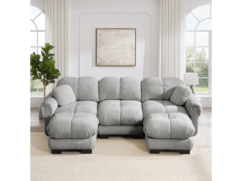  Canapé en u 3 places matelassé, tissu chenille gris clair, avec ottomane mobile et 2 coussins décoratifs SF20260031033 - Conforama B