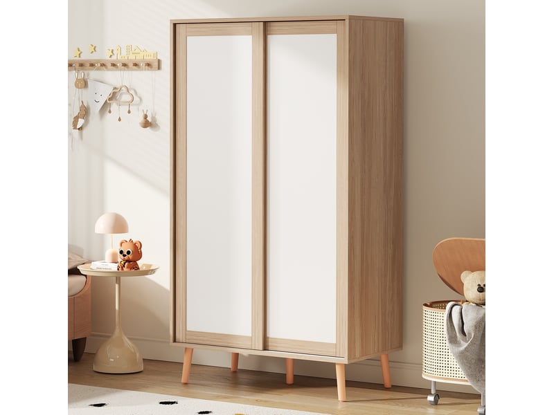  Armoire enfant à 2 portes coulissantes, naturel et blanc, 80 x 46 x 141,5 cm  - Conforama C