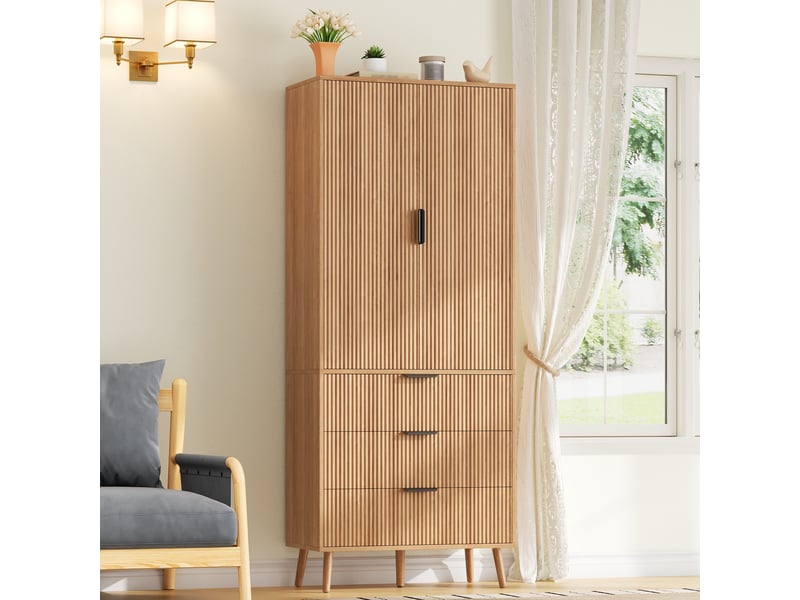  Buffet - 75x35x180 cm - meuble de rangement haut avec 2 portes, 3 tiroirs et étagères de porte - couleur bois naturel  - Conforama D