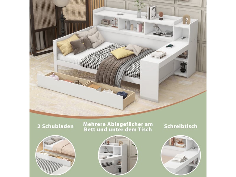  Lit banquette 90x200 blanc avec bureau intégré, tiroirs et prises usb  - Conforama D