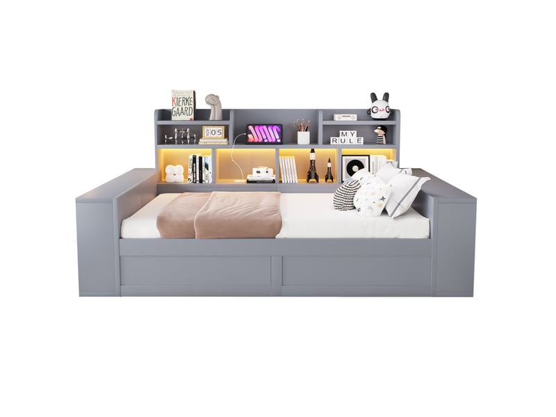  Lit banquette 90x200 cm gris en mdf et contreplaqué, coffre hydraulique, led et prises avec rangements  - Conforama A
