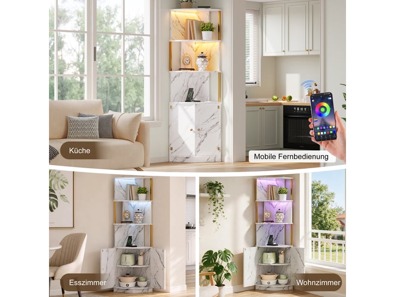  Buffet d'angle haut 38x38x180 cm avec led et prises, blanc marbré  - Conforama E