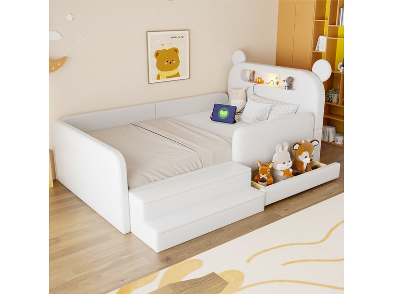 Lit enfant 90x200 cm blanc en similicuir avec tête de lit ours, veilleuse, usb et rangement - Conforama E