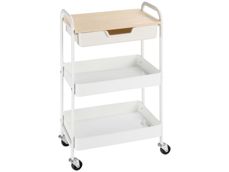 Desserte de cuisine chariot de service 2 étagères tiroir plateau aspect bois acier clair pp blanc - Conforama B