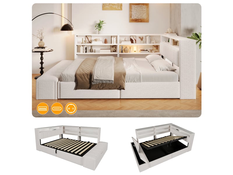  Canapé-lit coffre 140 x 200 cm - avec prise électrique - avec port usb - avec lumière led - tissu velours - blanc (matelas non inclus)  - Conforama E
