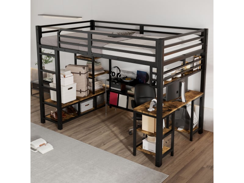  Lit mezzanine 120x200 cm avec bureau, étagère de rangement, échelle 4 marches, sans matelas, cadre de lit en métal, noir et bois foncé  - Conforama B
