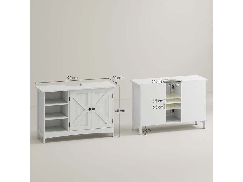  Meuble sous-évier autoportant à 2 portes et étagères anti-basculement réglables, style moderne, 90 x 30 x 60 cm, blanc  - Conforama E
