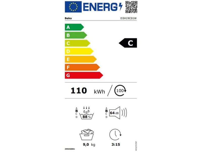  Sèche linge pompe a chaleur 9 kg avec moteur inverter prosmart 15 programmes et eclairage led tambour D3H19C01W - Conforama D
