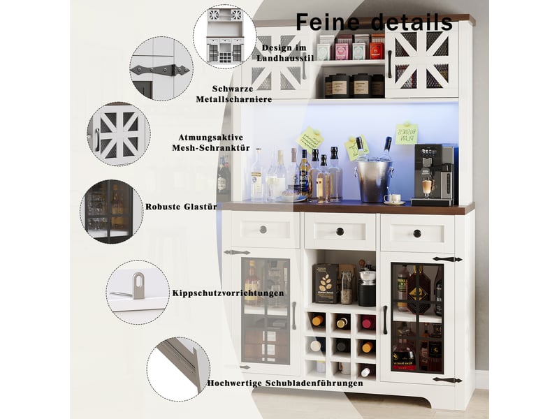 Armoire de cuisine moderne avec led, buffet haut avec porte-bouteilles, meuble de rangement blanc 120x40x180 cm pour salon. - Conforama R