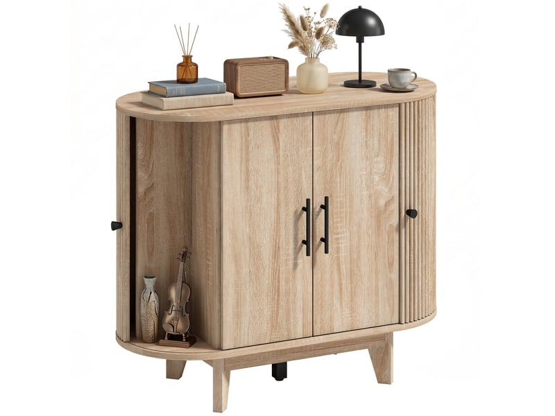  Buffet salon, meuble de rangement ovale avec 4 portes et étagères réglables, 90 x 40 x 76 cm, chêne  - Conforama A