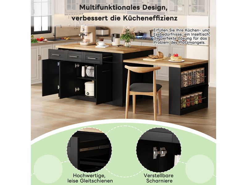 Îlot de cuisine 150 × 90 × 90 cm noir et naturel, mdf, plateau effet bois, table extensible 96 cm et nombreux rangements - Conforama D