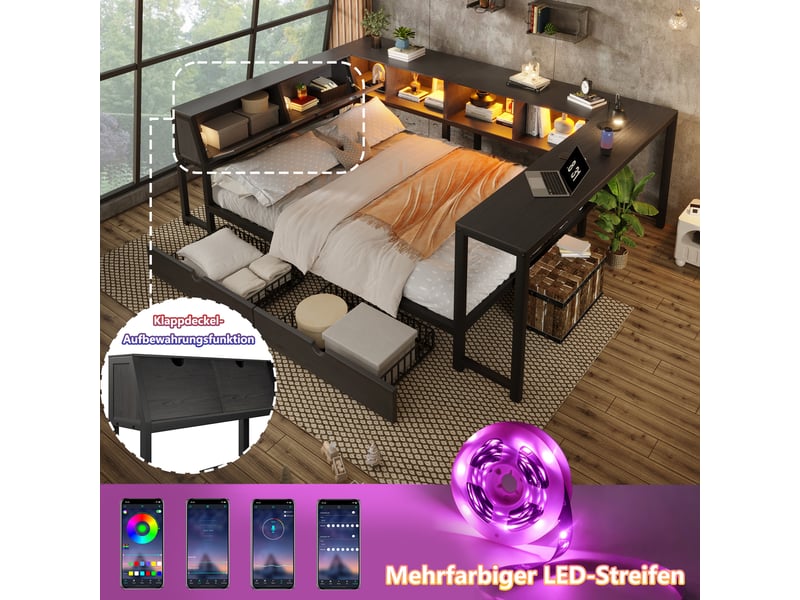 Lit double 140×200 cm avec bureau, 2 tiroirs et led  - sans matelas, mdf et métal - noir  - Conforama E