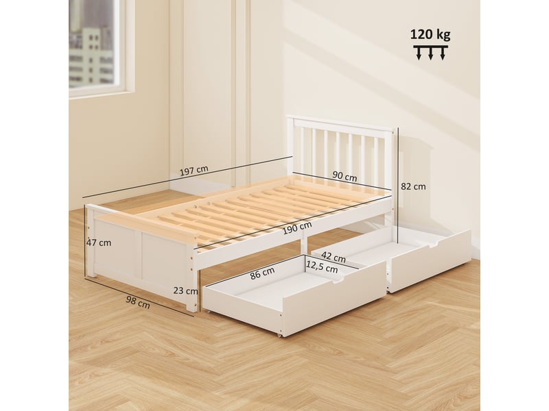  Ensemble lit 90 x 190 cm et tête de lit pied de lit 2 tiroirs bois blanc  - Conforama C