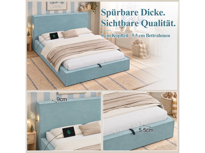 Lit enfant bleu 140x200 cm en velours, sommier à lattes, coffre à levage hydraulique et tête épaisse rembourrée - Conforama D