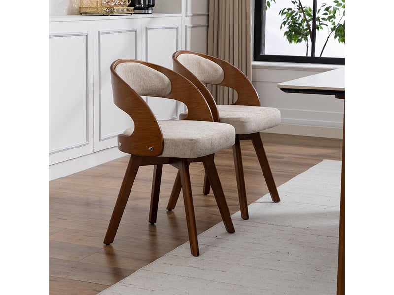 Chaise de salle à manger moderne pivotante en bois avec coussin coton lin dossier incurvé kaki  - Conforama B