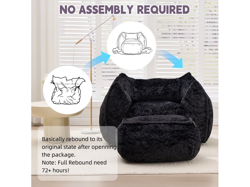  Fauteuil pouf en fausse fourrure avec coussin et repose-pieds ergonomique, pour adultes et enfants noir  - Conforama D