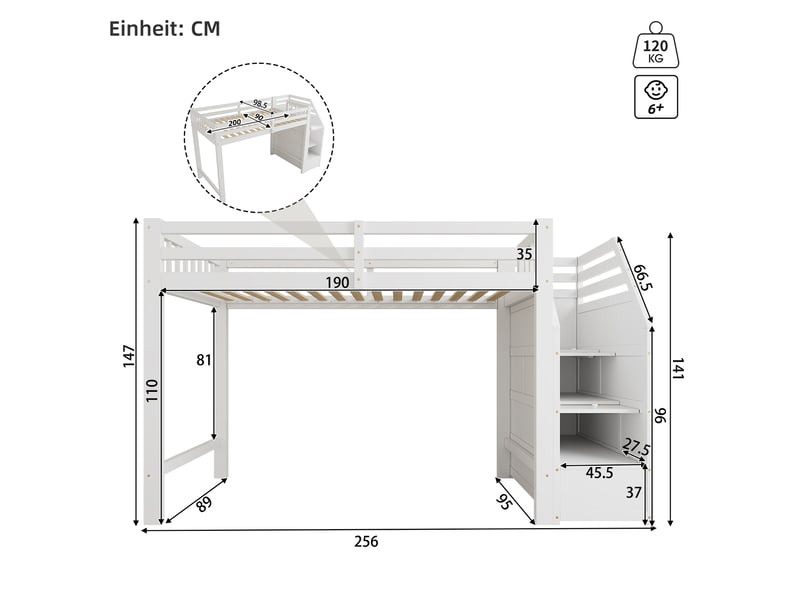  Modenvie lit mezzanine enfant 90x200 cm - avec rangement intégré, avec sommier inclus, sans matelas - blanc  - Conforama C
