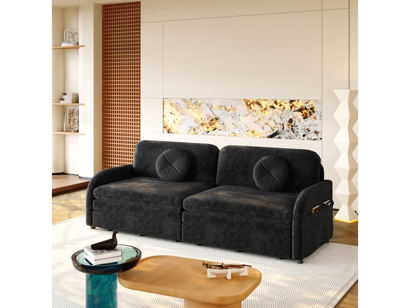  Canapé-lit 3 places 206 x 84 cm – noir – convertible 3-en-1, rangements latéraux et coussins  - Conforama B
