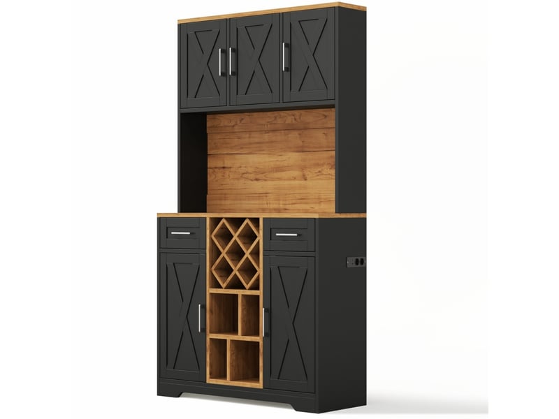  Buffet haut de cuisine 105 x 40 x 180 cm – naturel et noir – led rgb, prises usb et casier à vin amovible  - Conforama D