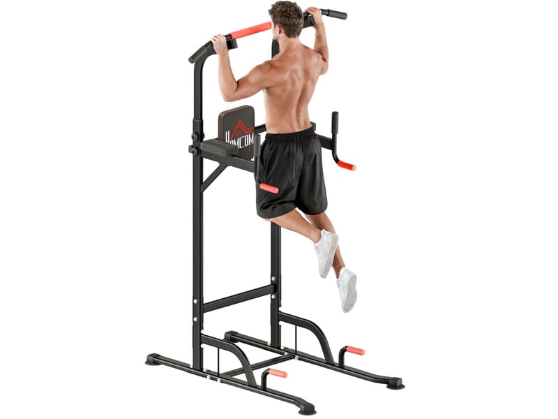 Station de musculation multifonction réglable 123x98x239 cm rouge et noire, traction, dips et pompes - Conforama A