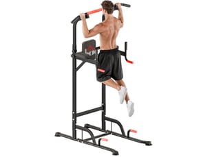 Station de musculation multifonction réglable 123x98x239 cm rouge et noire, traction, dips et pompes