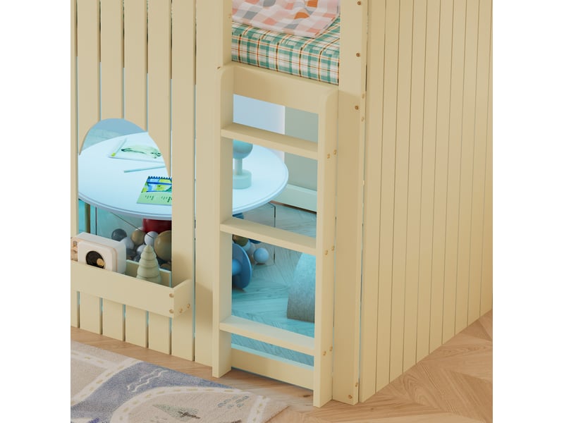  Lit mezzanine enfant simple 90x200 cm, led et échelle 3 marches, style contemporain, bois et mdf, naturel sans matelas  - Conforama E