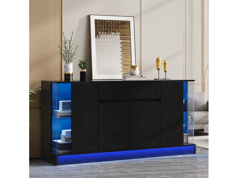  Buffet bas 150x40x75 cm avec 4 portes et 1 tiroir, éclairage led, panneau de particules, coloris noir, design moderne  - Conforama E