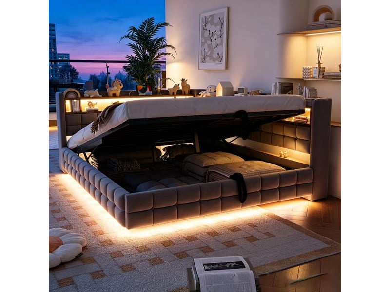  Lit banquette enfant coffre 140 x 200 cm avec led, usb, usb-c, prise et étagères, velours gris clair Fay Lum - Conforama E