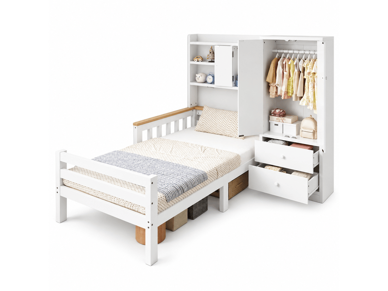  Lit enfant 1 place 90x200 cm avec armoire intégrée, tiroirs, étagères ouvertes, garde-corps, sommier à lattes, bois massif et mdf blanc  - Conforama A