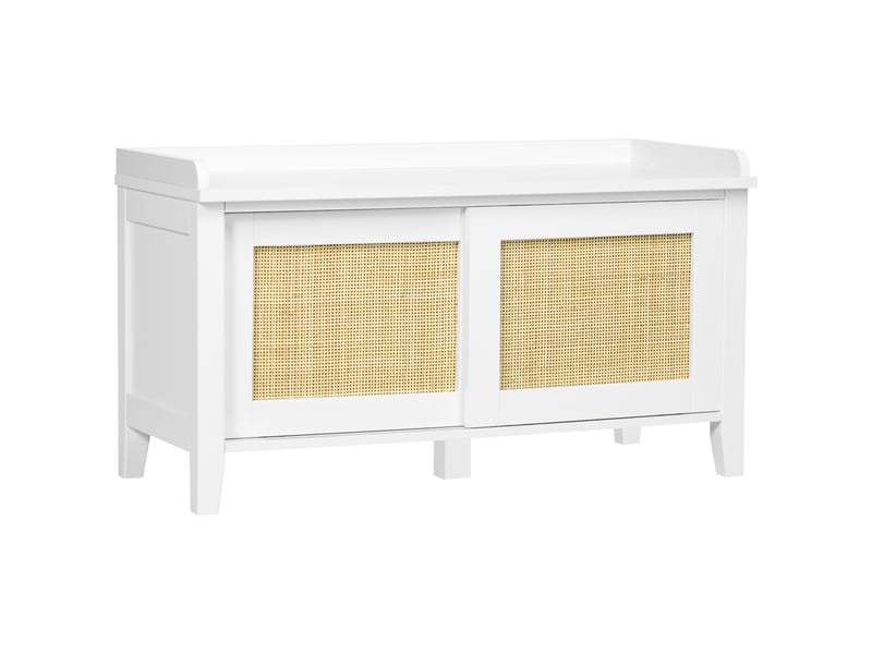  Banc à chaussures meuble de rangement avec porte coulissante et façades rotin tissé 80 x 35 x 45 cm blanc  - Conforama A