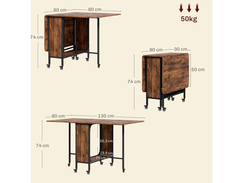  Table à manger pliante mobile 6 personnes avec rangement, 130 x 80 cm, marron rustique  - Conforama C