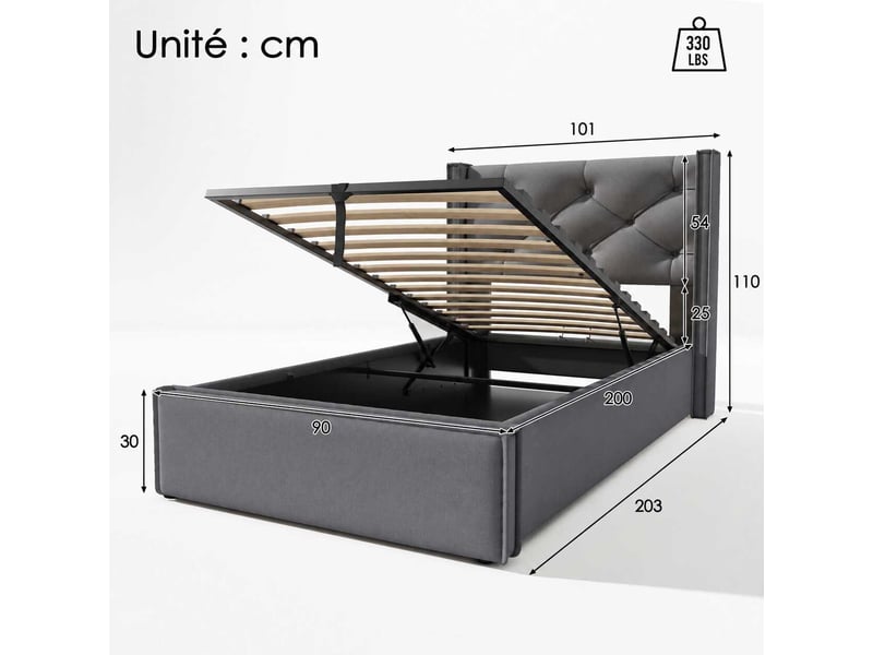 Lit coffre 90x200 cm avec matelas 25 cm, rangement hydraulique, sommier à lattes, tête de lit capitonnée, coton gris C-DEGAYUN - Conforama C