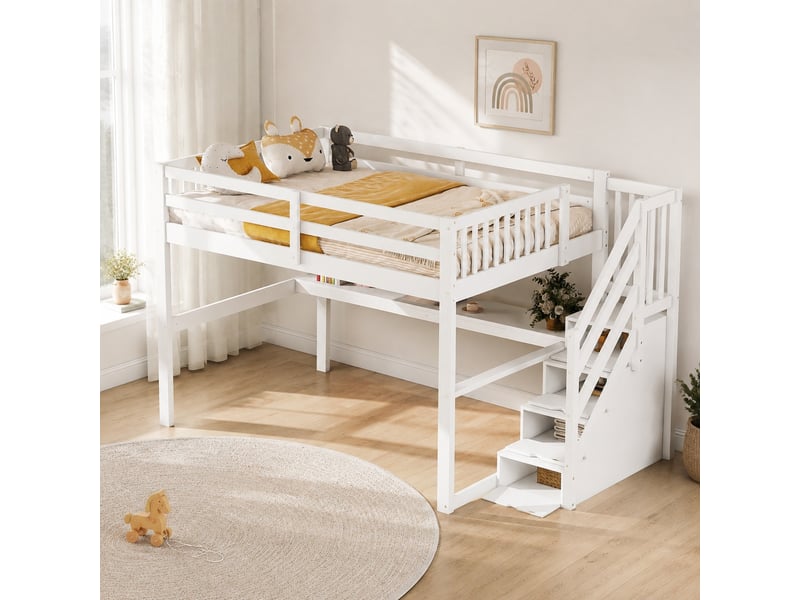  Lit mezzanine 2 places 140×200 cm avec bureau et rangement  - sans matelas, pin et mdf - blanc  - Conforama B