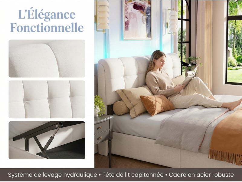  Lit coffre 140x190, double adulte noir avec tête de lit capitonnée – grand rangement sous le lit-sommier à lattes en bois  - Conforama E
