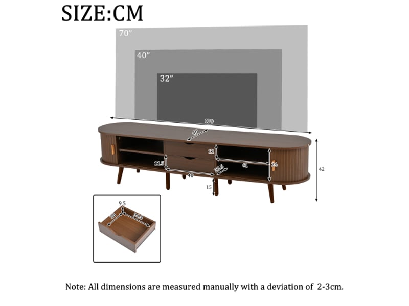  Meuble tv 170x40x42 cm mdf effet bois – 2 tiroirs, plateau rond, portes télescopiques, noyer, compatible 75 pouces  - Conforama C