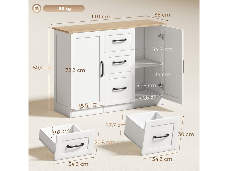  Buffet de salon, meuble de rangement avec 2 portes à fermeture douce et 3 tiroirs, 110 x 35 x 80,4 cm, bois blanc et naturel  - Conforama E