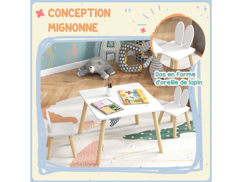  Ensemble table et 2 chaises enfant design scandinave motif oreille de lapin bois pin blanc  - Conforama D
