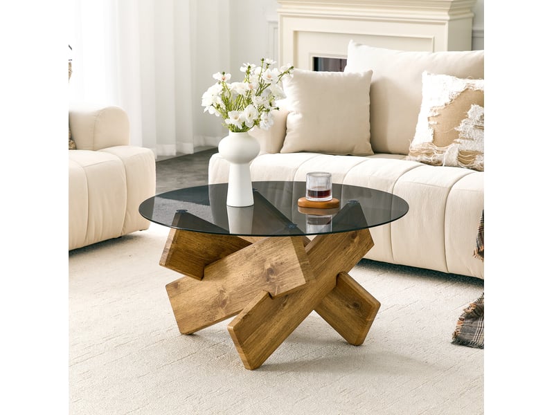  Table basse ronde avec plateau en verre trempé et piètement géométrique, style moderne, en mdf et verre, bois  - Conforama C