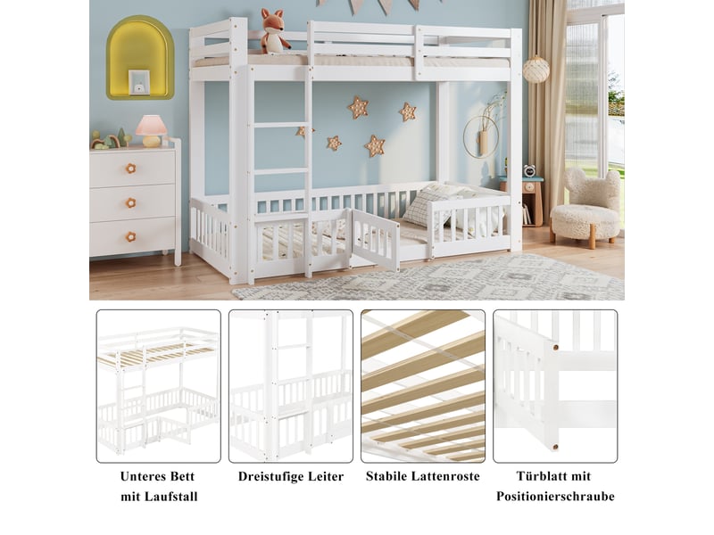 Lit superposé 90x200 cm avec échelle à angle droit, lit enfant avec barrières de sécurité et porte, lit simple en pin, blanc - Conforama W