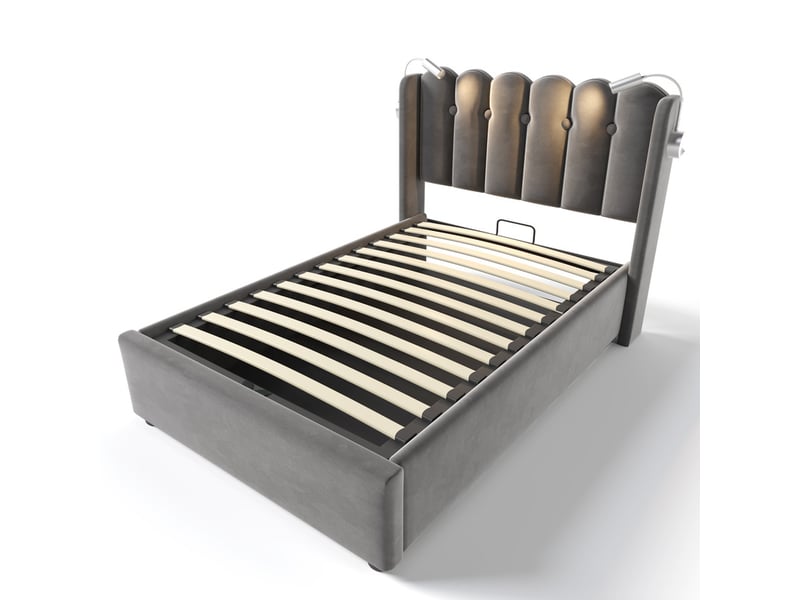  Lit enfant,90x200 cm,avec matelas,coffre,lampe de lecture,usb,velours,gris  - Conforama A