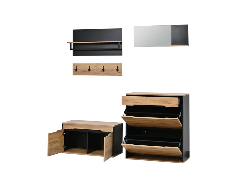 Ensemble meuble d’entrée modulable avec miroir, banc et rangement à chaussures rabattable, 4 patères, noir et bois, 156 x 36 x 176 cm - Conforama E