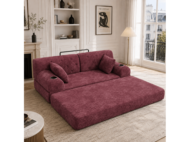 Canapé convertible 2 places 168.00×80.00×81.00 cm en velours côtelé avec porte-gobelets et poches latérales bordeaux chicfurn - Conforama C