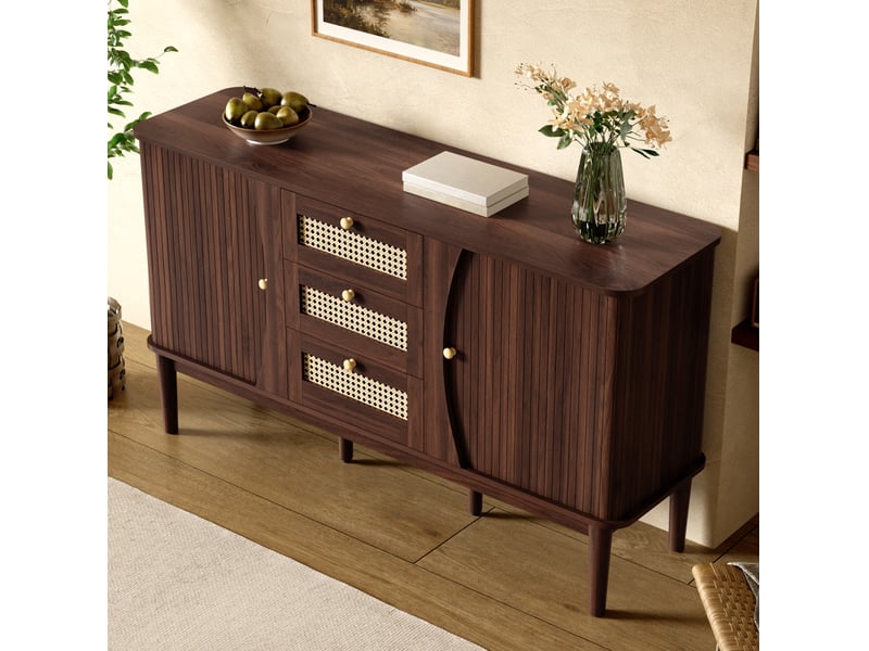  Buffet 141x40x77 cm avec 2 portes coulissantes et 3 tiroirs en mdf couleur marron, design simple  - Conforama E