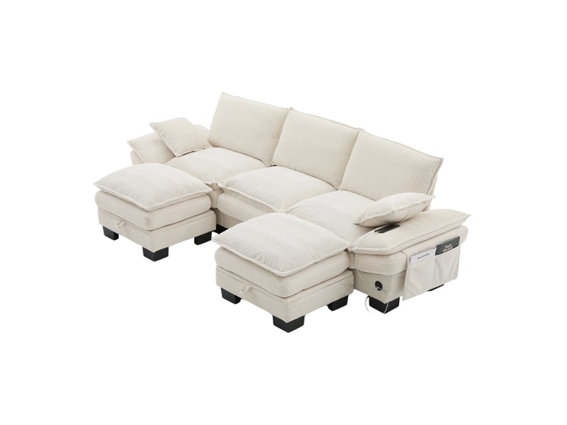  Canapé modulable 3 places 260x132x84 cm avec 2 poufs velours côtelé beige  - Conforama A