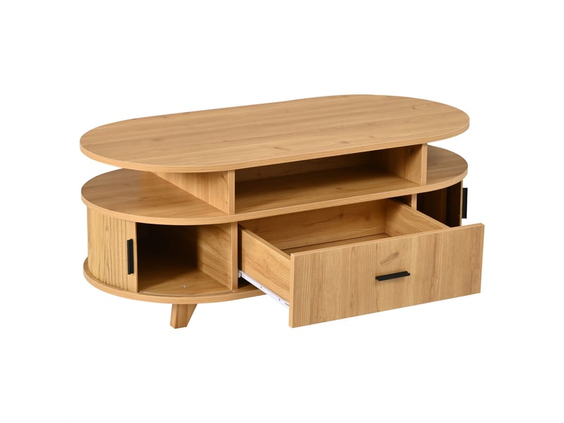 Table basse ovale 100x50x40 cm effet bois naturel, 1 tiroir, 2 portes coulissantes à rideau, 3 niches ouvertes, rangement, mdf  - Conforama A
