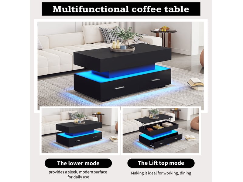  Table basse relevable hydraulique avec led et rangement – noire – 100 x 50 x 44 cm  - Conforama E