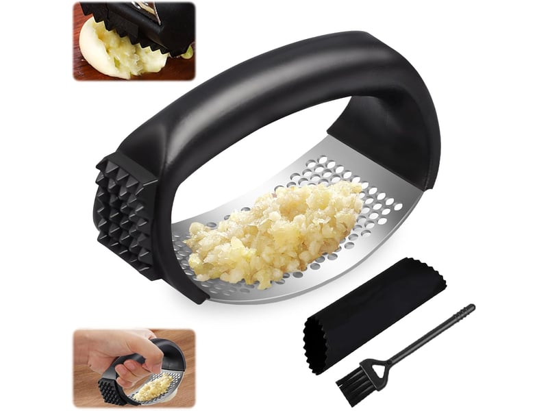  1 pc presse-ail, presse-ail noir, presse-ail en acier inoxydable, presse-ail manuel en acier inoxydable avec éplucheur d'ail en silicone et brosse  - Conforama A