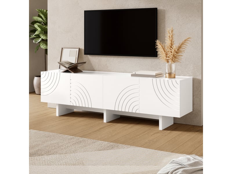  Meuble tv 170x35x50 cm - meuble bas avec 4 portes, façades en relief à motif géométrique arqué, séparation centrale et rangements - blanc  - Conforama E